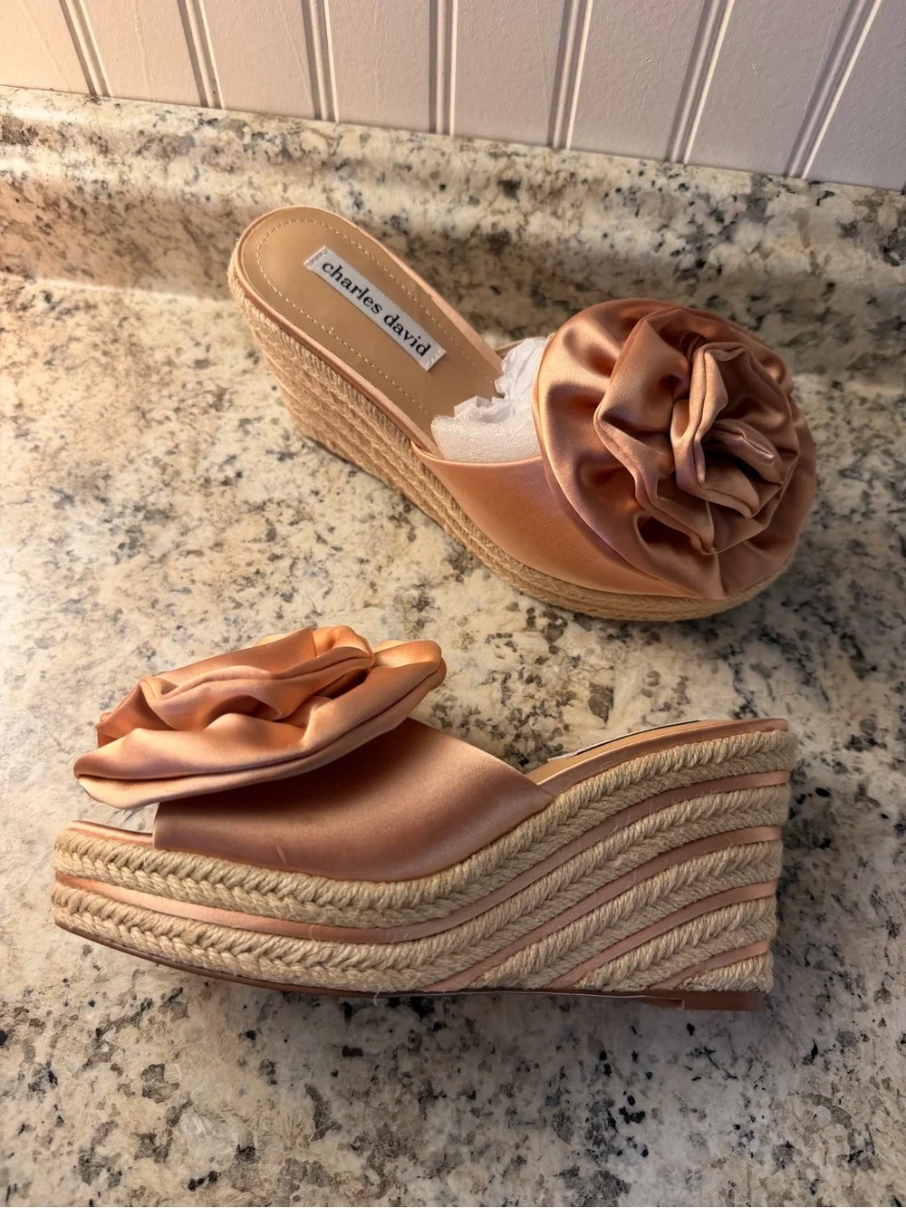 Charles David Satin Rose Gold Wedge Sandals with Rosette New Vacation Shoes